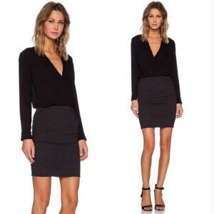 James Perse Collage Wrap Mini Dress two tone black grey plunge surplice Size M